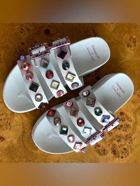 Gianni Bini Dannijo White Jeweled Slide Sandals